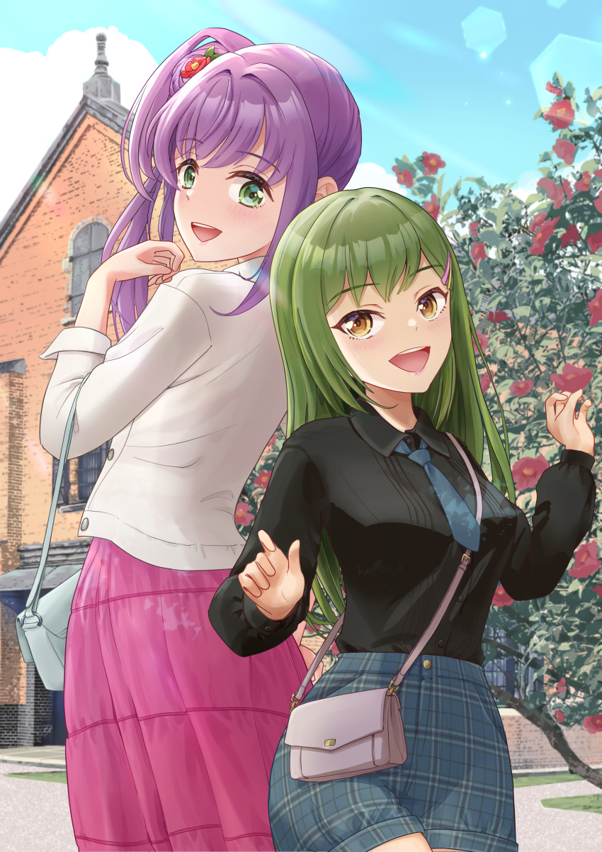2girls absurdres aqua_bag back-to-back bag black_sweater blue_necktie breasts brown_bag building commentary_request green_eyes green_hair hair_ornament hairclip height_difference highres jacket kobassy link!_like!_love_live! long_hair long_sleeves looking_at_viewer love_live! medium_breasts multiple_girls necktie oogami_sachi open_mouth orange_eyes otomune_kozue outdoors pink_skirt purple_hair shoulder_bag side_ponytail skirt standing sweater upper_body virtual_youtuber white_jacket