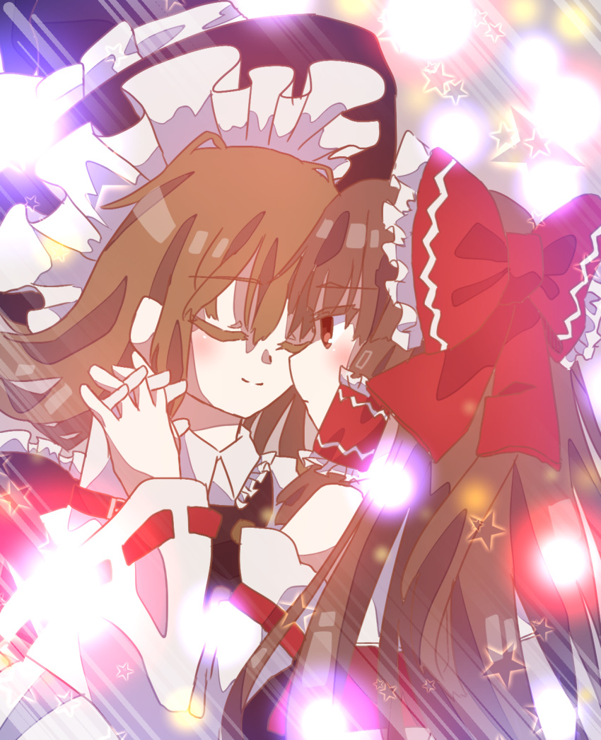 2girls black_hat blush bow brown_hair closed_eyes closed_mouth commentary_request danmaku detached_sleeves frilled_bow frilled_hair_tubes frills hair_bow hair_tubes hakurei_reimu hat hat_bow highres holding_hands interlocked_fingers kirisame_marisa long_hair multiple_girls partial_commentary red_bow reinobasibo ribbon-trimmed_sleeves ribbon_trim smile star_(symbol) touhou white_bow witch_hat yuri
