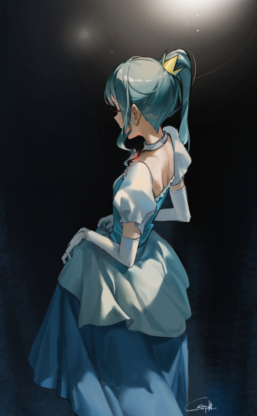 1girl absurdres blue_dress blue_eyes blue_hair c_a_p_h cinderella dress elbow_gloves gloves highres solo tiara white_gloves