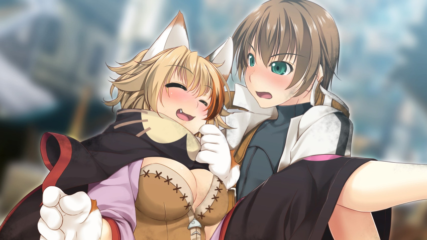 1boy 1girl ^_^ alto_travers animal_ears animal_hands atelier-moo blush breasts brown_hair carrying cat_ears cat_girl cat_paws cleavage closed_eyes closed_mouth fang feline_sora gloves green_eyes hair_between_eyes handkerchief highres holding large_breasts long_sleeves multicolored_hair open_mouth paw_gloves princess_carry short_hair smile standing streaked_hair town wizards_symphony