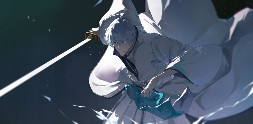 1boy bleach blue_eyes blue_sash closed_mouth hakama highres holding holding_sword holding_weapon ichimaru_gin jacket japanese_clothes katana layered_clothes male_focus sash short_hair smile solo sword weapon white_hair white_hakama white_jacket wide_sleeves zzz_zhi_he