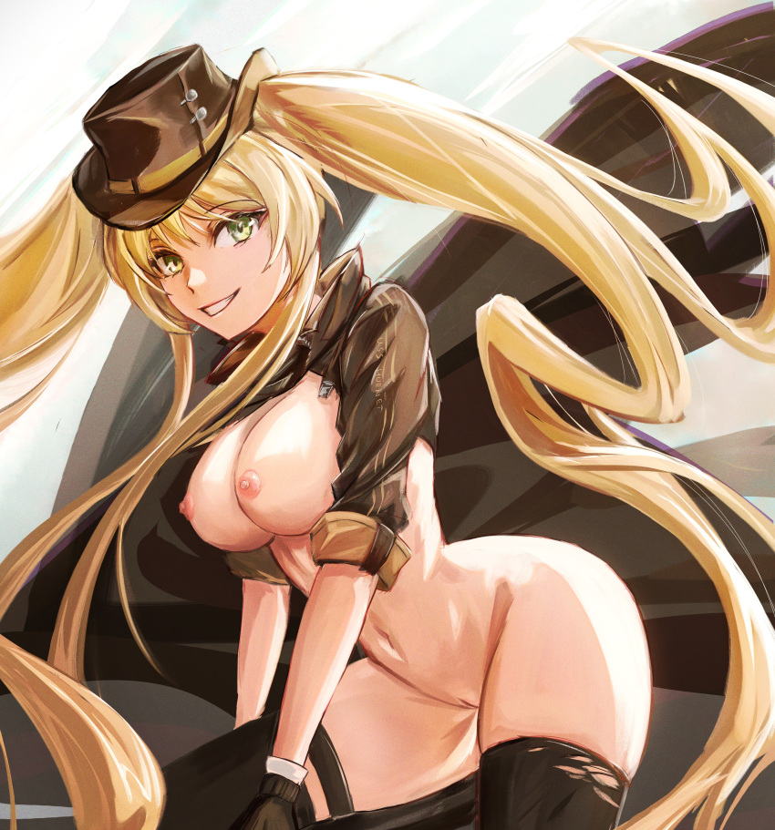 1girl absurdres azur_lane black_gloves black_hat black_shirt black_thighhighs blonde_hair breasts clothes_writing cowboy_hat english_commentary floating_hair gloves green_eyes grin hair_between_eyes hat highres hornet_(azur_lane) hornet_ii_(azur_lane) large_breasts long_hair looking_at_viewer mikasciii navel nipples no_bra no_pants pussy shirt short_sleeves shrug_(clothing) sidelocks skindentation smile solo standing stomach teeth thighhighs torn_clothes torn_thighhighs twintails uncensored very_long_hair