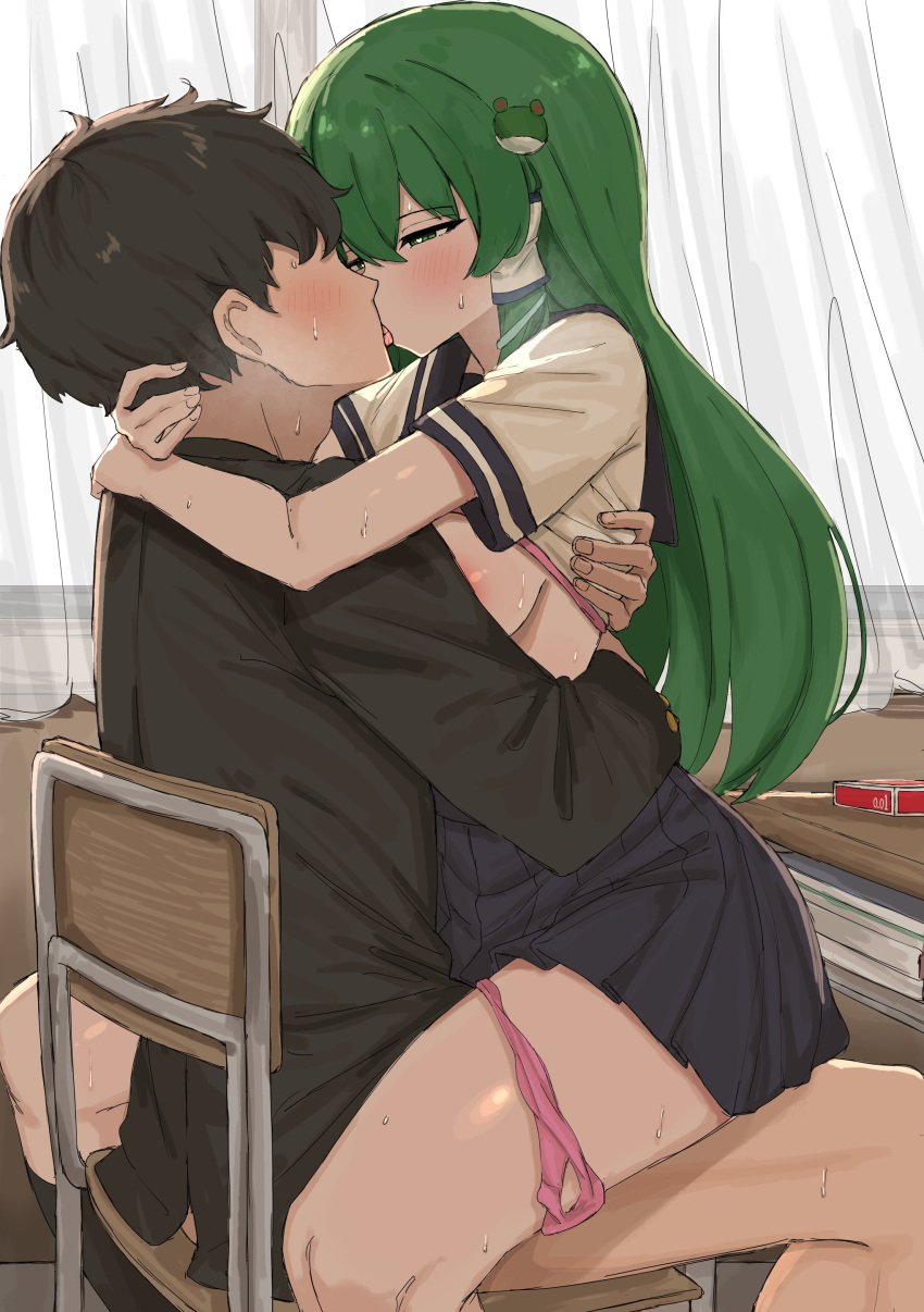 1boy 1girl absurdres areola_slip black_hair blue_skirt blush chair classroom clothes_lift condom_box curtains desk faceless faceless_male french_kiss frog_hair_ornament gakuran green_eyes green_hair hair_ornament hair_tubes half-closed_eyes heart heart-shaped_pupils heavy_breathing hetero highres indoors kiss kochiya_sanae kumiyabe long_hair no_panties panties panties_around_one_leg pink_panties pleated_skirt public_indecency school_chair school_desk school_uniform sex shirt shirt_lift short_hair sitting skirt straddling symbol-shaped_pupils tongue touhou underwear upright_straddle white_shirt