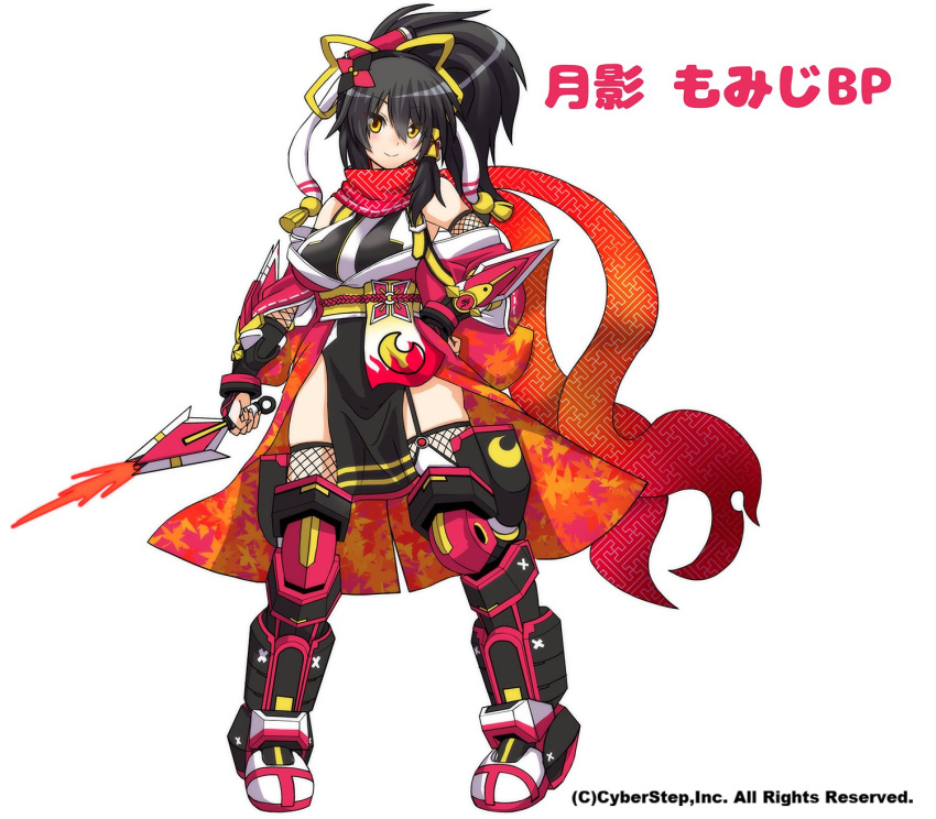 armored_boots bare_shoulders black_hair boots breasts concept_art copyright_name copyright_notice cosmic_break full_body hair_ornament highres hijirinn2 holding holding_weapon kunai large_breasts ninja official_art ponytail scarf smile tsukikage_momiji weapon