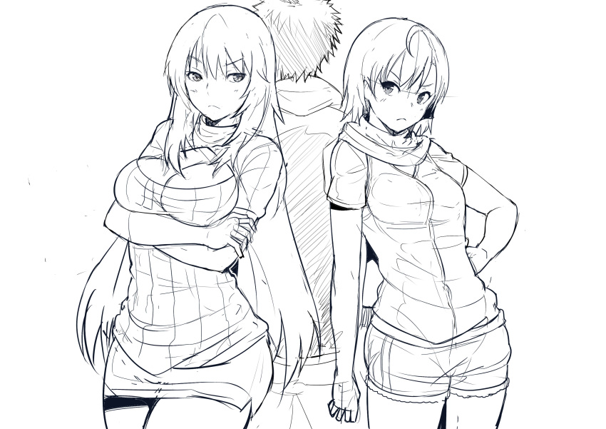 1boy 2girls :&lt; absurdres alternate_costume arms_under_breasts back-to-back bare_arms breasts cleavage cleavage_cutout closed_mouth clothing_cutout commentary cowboy_shot crossed_arms from_behind greyscale hair_between_eyes highres julioalqae kamijou_touma large_breasts light_blush lineart long_hair medium_bangs medium_hair misaka_mikoto monochrome multiple_girls ribbed_sweater shokuhou_misaki short_hair short_shorts short_sleeves shorts simple_background standing sweater toaru_majutsu_no_index v-shaped_eyebrows very_long_hair