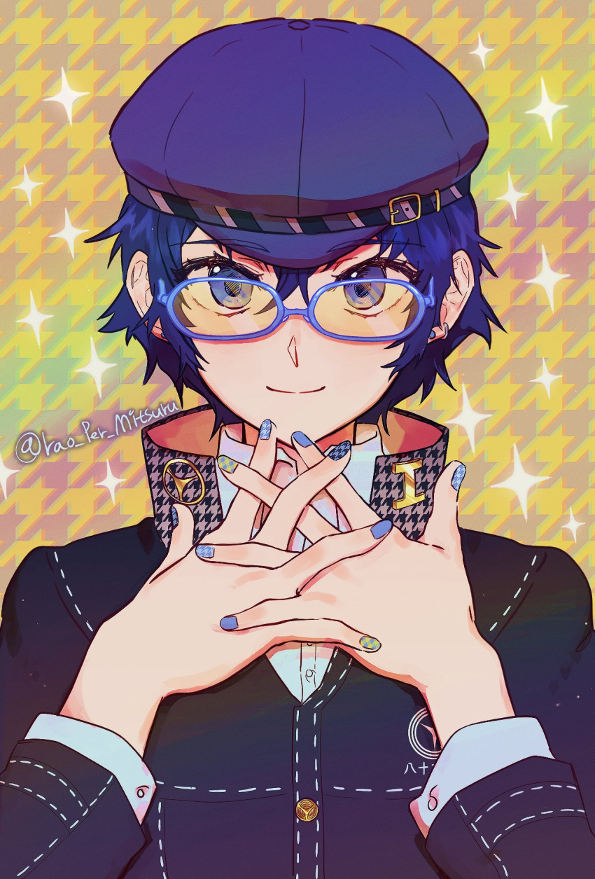 1girl blue_eyes blue_hair cabbie_hat crossdressing detective glasses hat highres houndstooth long_sleeves nail_polish persona persona_4 rao_per_mitsuru reverse_trap shirogane_naoto short_hair solo sparkle twitter_username