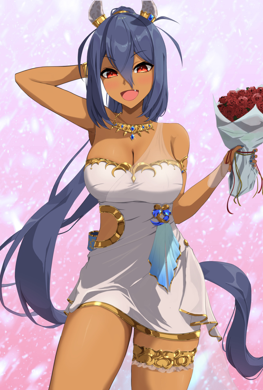 1girl absurdres animal_ears arm_up armpits azuki_(azuki_azukki) bare_shoulders black_hair blue_nails blush bouquet breasts cherry_blossoms cleavage commentary_request cowboy_shot dark-skinned_female dark_skin dress ear_covers fang gem gold_bracelet gold_necklace hair_between_eyes highres hishi_amazon_(hungry_veil)_(umamusume) hishi_amazon_(umamusume) holding holding_bouquet horse_ears horse_girl jewelry long_hair medium_breasts necklace nontraditional_wedding_dress official_alternate_costume ponytail red_eyes simple_background smile solo umamusume very_long_hair wedding_dress white_dress