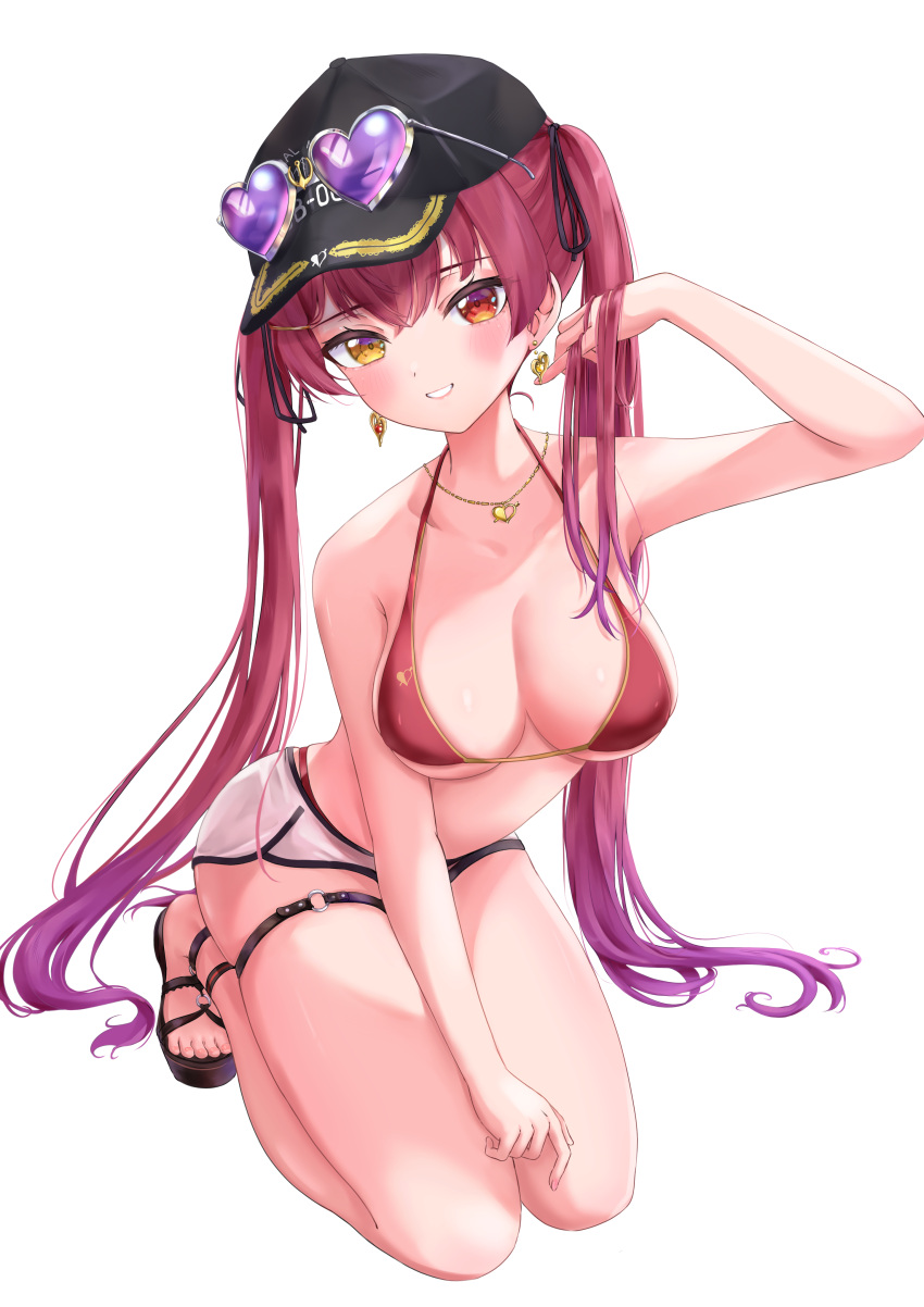 1girl 4kimizuki absurdres baseball_cap bikini bikini_under_shorts black_hat breasts cleavage dolphin_shorts earrings eyewear_on_head gold_earrings gold_necklace gradient_hair grey_shorts hat heart heart-shaped_eyewear heart_earrings heart_necklace heterochromia highres hololive houshou_marine houshou_marine_(summer) jewelry large_breasts long_hair looking_at_viewer multicolored_hair necklace o-ring o-ring_thigh_strap official_alternate_costume purple_hair red_bikini red_eyes red_hair sandals shorts smile solo sunglasses swimsuit thigh_strap twintails virtual_youtuber white_background yellow_eyes