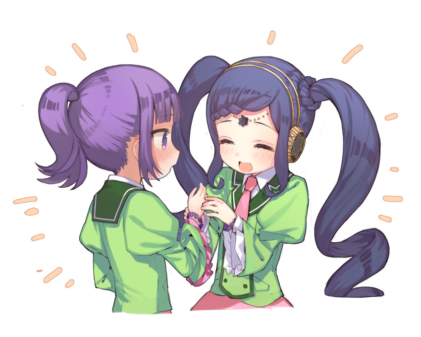 2girls :d avocado_academy_school_uniform bad_id bad_pixiv_id blue_hair blunt_bangs blush bracelet braid braided_bangs closed_eyes collared_shirt cropped_torso facing_another garara_s_leep green_jacket hanazono_shuka hands_up head_chain headphones heath_(artist) highres idol_time_pripara jacket jewelry long_hair long_sleeves looking_at_another multiple_girls necktie open_mouth pink_necktie pink_skirt ponytail pretty_series pripara puffy_sleeves purple_eyes purple_hair putting_on_jewelry sailor_collar school_uniform shirt sidelocks simple_background skirt smile twintails upper_body very_long_hair white_background white_shirt wide_sleeves