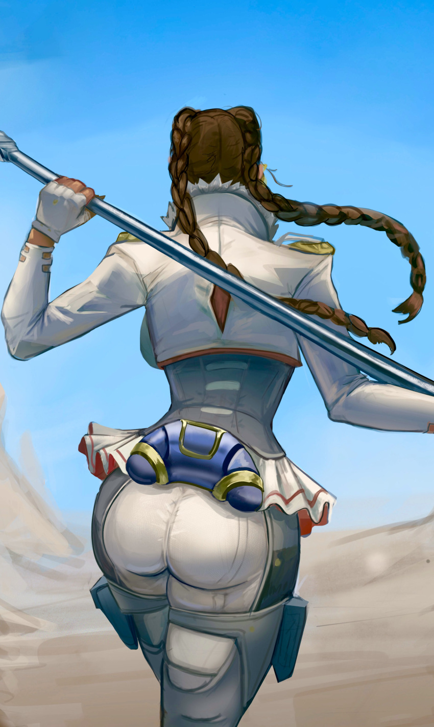 1girl absurdres apex_legends ass blue_sky braid brown_hair feet_out_of_frame fingerless_gloves from_behind gloves highres holding holding_staff jacket loba_(apex_legends) long_hair metal_staff outdoors pants sky solo staff strapless tight_clothes tight_pants tube_top twin_braids vile_(vile_jp) walking white_gloves white_jacket white_pants