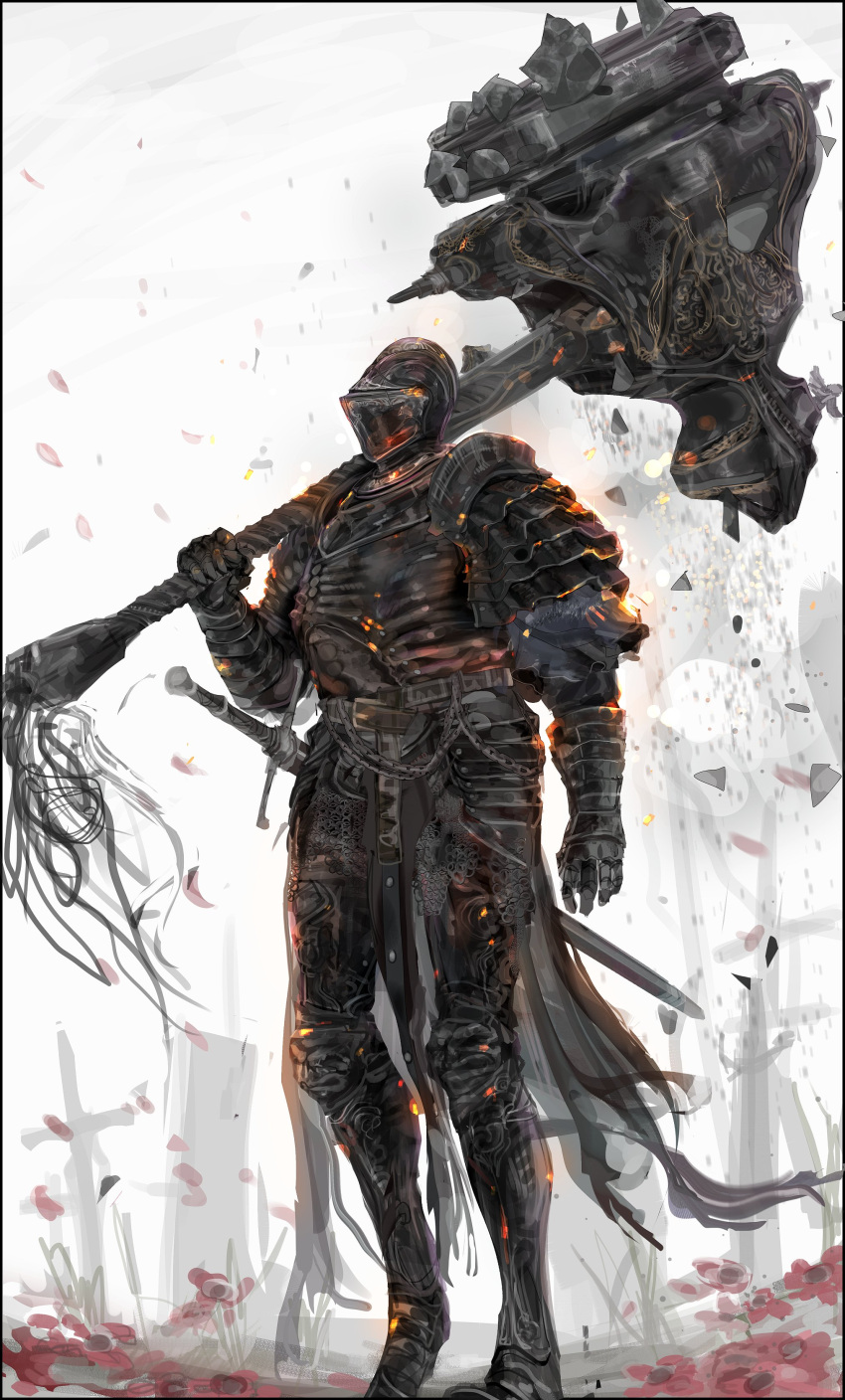 absurdres armor ashen_one_(dark_souls_3) black_armor dark_souls_(series) dark_souls_iii embers full_armor highres holding holding_weapon huge_weapon multiple_swords nslacka over_shoulder petals planted planted_sword scabbard sheath sword war_hammer weapon weapon_over_shoulder