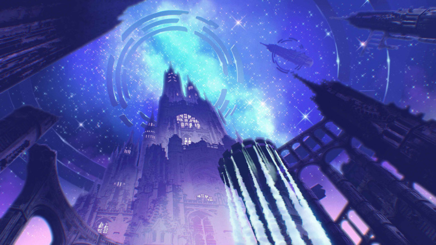 absurdres arch architecture building castle cityscape floating glint highres night no_humans original outdoors scenery sky spacecraft spire star_(sky) starry_sky water waterfall yonasawa