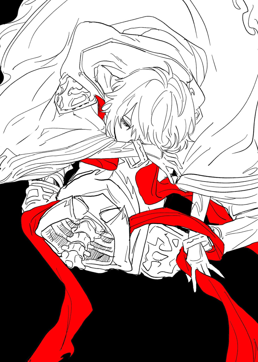 1boy armor black_background bracelet closed_eyes english_commentary flat_color gloves granblue_fantasy high_contrast highres hood hood_down implied_yaoi jewelry lucifer_(shingeki_no_bahamut) lucilius_(granblue_fantasy) lying lying_on_person on_stomach oversized_clothes red_ribbon ribbon ribs robe short_sleeves spine spot_color wahoosandalphon white_robe