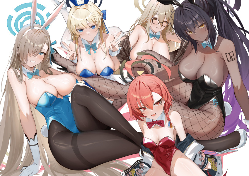 5girls absurdres ahoge akane_(blue_archive) akane_(bunny)_(blue_archive) animal_ears asuna_(blue_archive) asuna_(bunny)_(blue_archive) black-framed_eyewear black_leotard black_pantyhose blue_archive blue_bow blue_bowtie blue_eyes blue_halo blue_leotard bow bowtie braid breasts cleaning_&amp;_clearing_(blue_archive) cleavage comiket_102 cover cover_page dark-skinned_female dark_skin detached_collar doujin_cover fake_animal_ears fishnet_pantyhose fishnets glasses hair_between_eyes halo highres kakumayu karin_(blue_archive) karin_(bunny)_(blue_archive) large_breasts leotard long_hair medium_breasts mole mole_under_each_eye mole_under_eye multiple_girls multiple_moles neru_(blue_archive) neru_(bunny)_(blue_archive) official_alternate_costume pantyhose playboy_bunny rabbit_ears red_eyes red_hair red_leotard shoulder_tattoo single_braid sitting smile strapless strapless_leotard tattoo textless_version thighs toki_(blue_archive) toki_(bunny)_(blue_archive) yellow_eyes