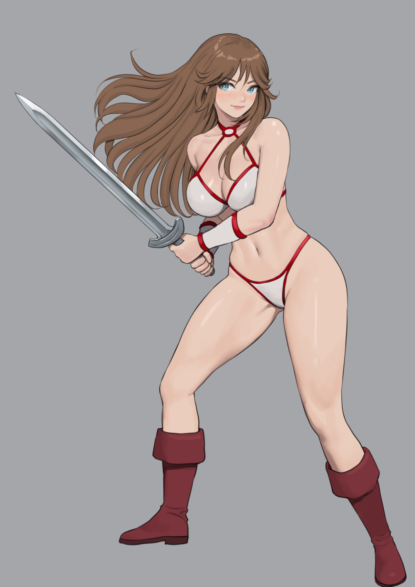 1girl ass_visible_through_thighs bare_shoulders bikini blue_eyes blush boots bracer breasts brown_hair cleavage closed_mouth full_body golden_axe golden_axe_ii grey_background highres holding holding_sword holding_weapon knee_boots large_breasts lips mezzo_(orbanga21) navel red_footwear simple_background smile solo standing stomach swimsuit sword tyris_flare weapon white_bikini white_footwear