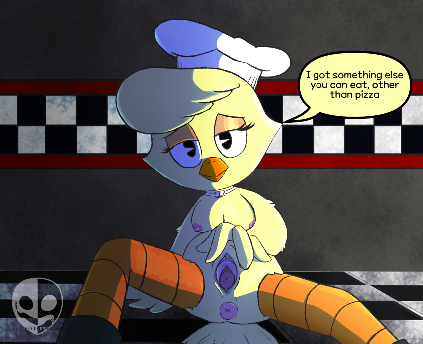 absurd_res animatronic anthro avian beak bird blush bodily_fluids breasts butt chica_(fnaf) chicken clitoris digital_media_(artwork) english_text feathers female five_nights_at_freddy's galliform gallus_(genus) genital_fluids genitals hi_res lagomorph leporid looking_at_viewer machine mammal nipples notsafeforwanking nude phasianid pussy robot scottgames solo spread_legs spread_pussy spreading text vaginal_fluids wings