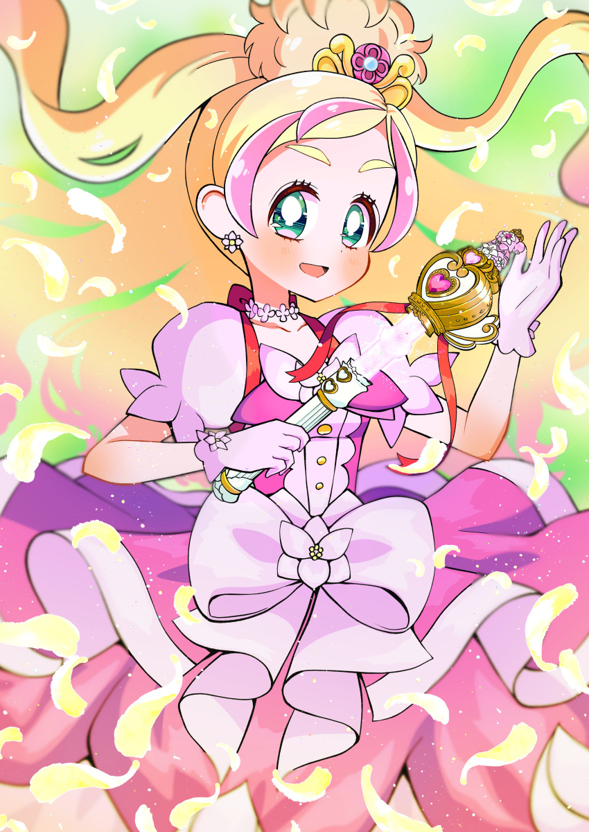 1girl absurdres blonde_hair bow bright_pupils commentary cure_flora dress dress_bow earrings feathers gloves go!_princess_precure green_eyes highres holding holding_wand jewelry layered_dress long_hair looking_at_viewer magical_girl medium_dress meranoreuka_(pandapaca) multicolored_hair open_mouth pink_dress pink_gloves pink_hair precure puffy_short_sleeves puffy_sleeves short_sleeves smile solo standing streaked_hair tiara two-tone_hair wand white_pupils wide_ponytail