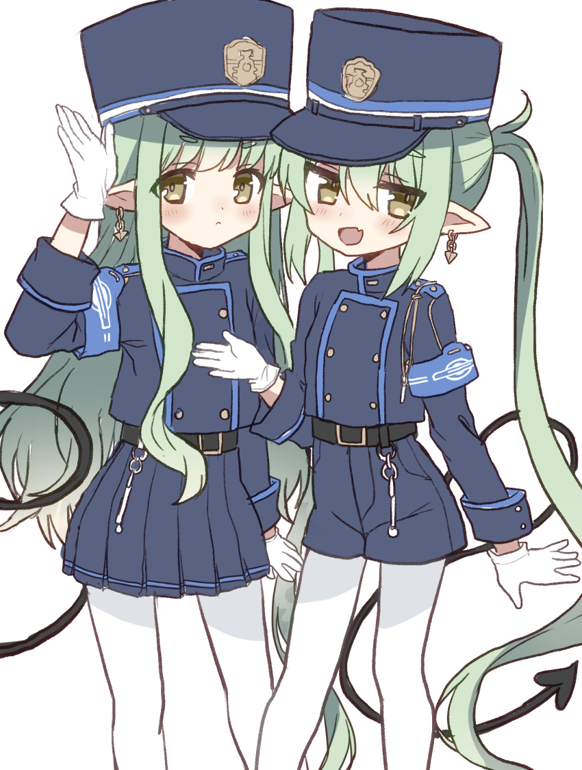 2girls :&lt; :d arm_up armband belt black_belt blue_archive blue_armband blue_shirt blue_shorts blue_skirt brown_eyes commentary_request demon_tail earrings fang feet_out_of_frame gloves green_hair hand_up hat highlander_sidelocks_conductor_(blue_archive) highlander_twintails_conductor_(blue_archive) highres jewelry multiple_girls no_halo open_mouth pantyhose peaked_cap pleated_skirt pointy_ears shirt shorts sidelocks sideways_glance simple_background skin_fang skirt smile tail white_background white_gloves white_pantyhose yoitsuki_ai
