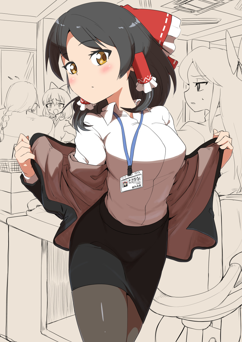 absurdres black_hair black_pantyhose bow breasts cookie_(touhou) cowboy_shot dutch_angle hair_bow hakurei_reimu highres id_card indoors long_sleeves looking_at_viewer multiple_girls office_lady open_clothes open_mouth pantyhose pencil_skirt puffy_long_sleeves puffy_sleeves red_bow remote_controller_4 sananana_(cookie) shirt skirt steam touhou white_shirt yellow_eyes
