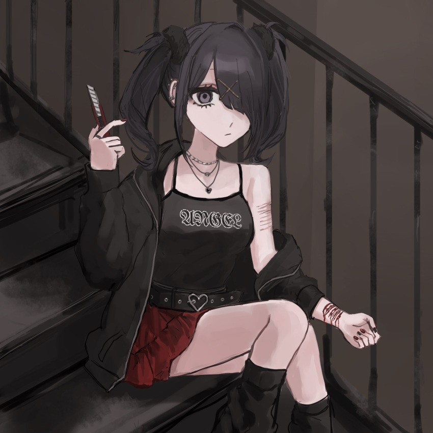 1girl ame-chan_(needy_girl_overdose) bare_shoulders belt black_belt black_eyes black_hair black_jacket black_nails black_shirt bleeding blood boxcutter breasts closed_mouth clothes_writing commentary_request cuts feet_out_of_frame hair_ornament hair_over_one_eye hand_up heart heart_necklace highres holding_boxcutter injury jacket jewelry leg_warmers long_hair long_sleeves looking_at_viewer medium_breasts miniskirt nail_polish necklace needy_girl_overdose off_shoulder open_clothes open_jacket red_nails red_skirt ring sanmanako self-harm shirt sitting sitting_on_stairs skirt solo stairs twintails wrist_cutting x_hair_ornament