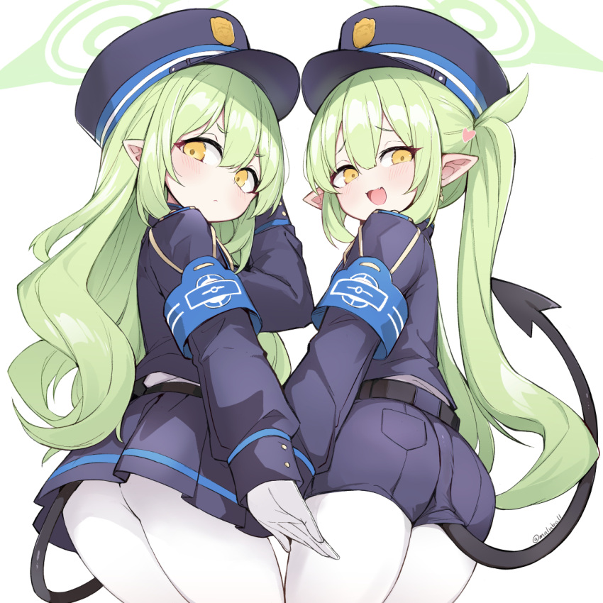 2girls black_hat black_jacket black_shorts black_skirt black_tail blue_archive blush closed_mouth demon_tail earrings green_hair hat heart highlander_sidelocks_conductor_(blue_archive) highlander_twintails_conductor_(blue_archive) highres jacket jewelry long_hair long_sleeves mou_tama_maru multiple_girls pantyhose peaked_cap pleated_skirt pointy_ears shorts sidelocks simple_background single_earring skirt tail twintails twitter_username white_background white_pantyhose yellow_eyes