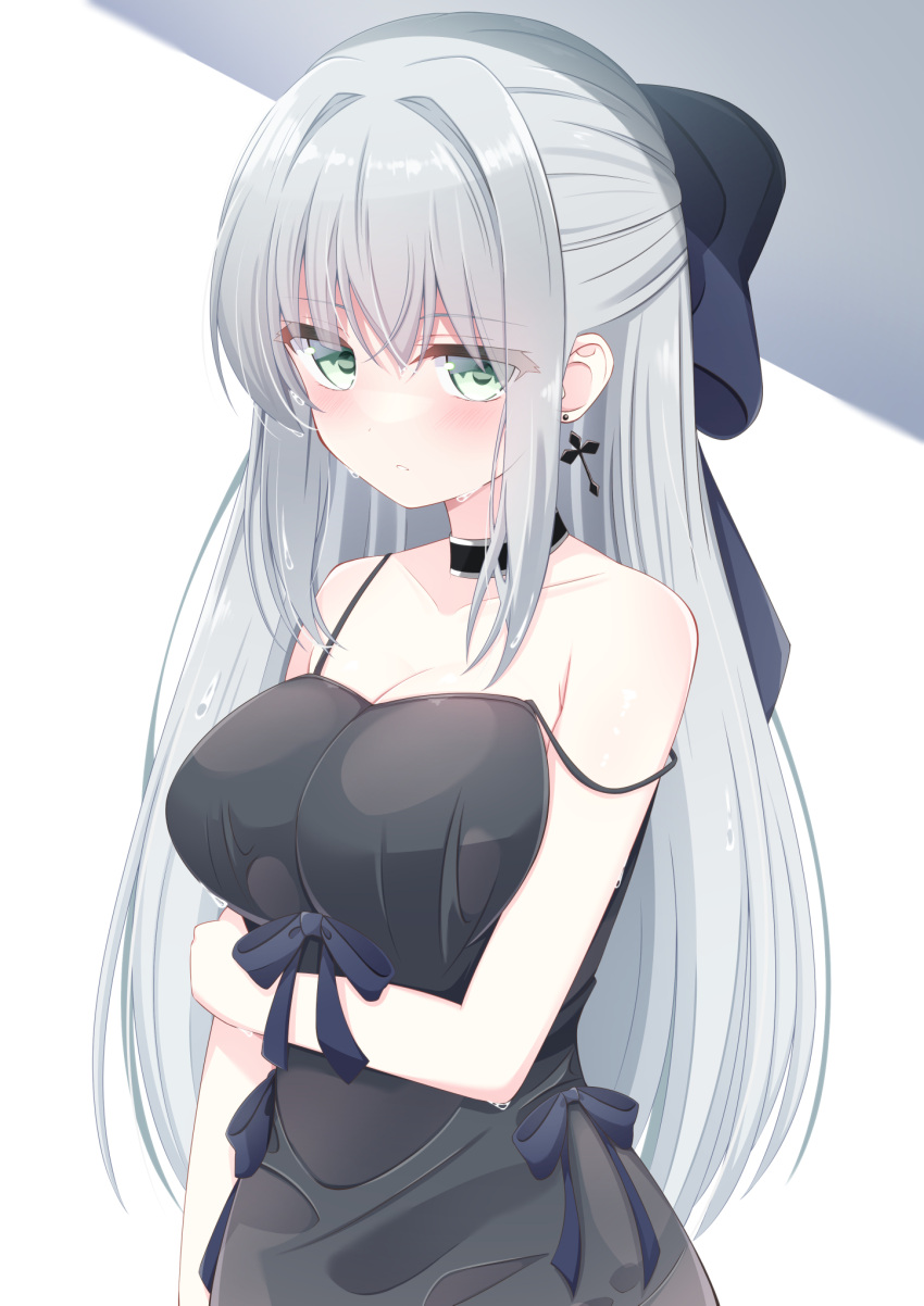 1girl arm_at_side arm_under_breasts bare_shoulders black_bow black_choker black_dress blush bow breasts choker cleavage collarbone cowboy_shot cross cross_earrings crossed_bangs dress earrings green_eyes grey_hair hair_between_eyes hair_bow half_updo highres jewelry large_breasts long_hair looking_at_viewer original parted_lips shadow sidelocks simple_background sleeveless sleeveless_dress solo standing straight_hair strap_slip suzunashi_rei sweat white_background