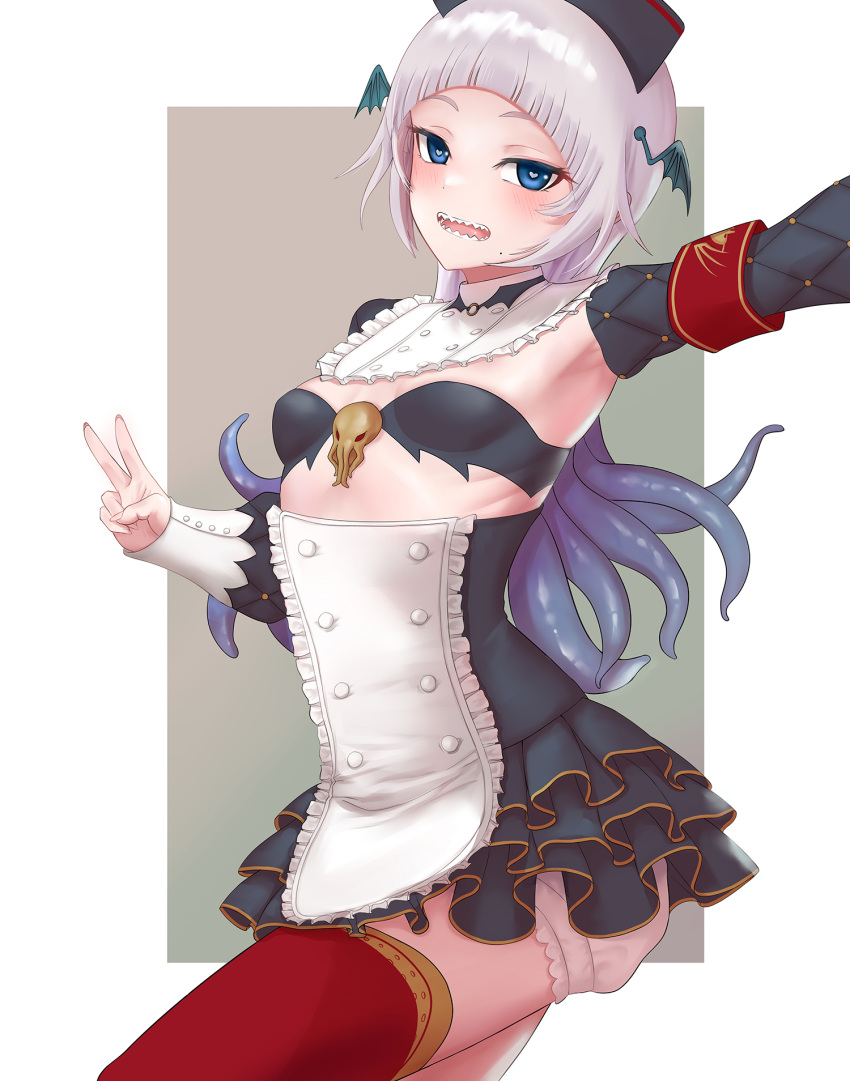 1girl apron ar-khey armband armpits black_bra black_hat black_skirt black_sleeves blue_eyes bra breasts detached_sleeves frilled_skirt frills grey_hair head_wings heart heart-shaped_pupils high-waist_skirt highres indie_virtual_youtuber long_hair mole mole_under_mouth open_mouth pochimaru_(vtuber) pochimaru_(vtuber)_(3rd_costume) red_armband red_thighhighs sharp_teeth skirt small_breasts solo symbol-shaped_pupils teeth tentacle_hair thighhighs underwear v virtual_youtuber white_apron wings