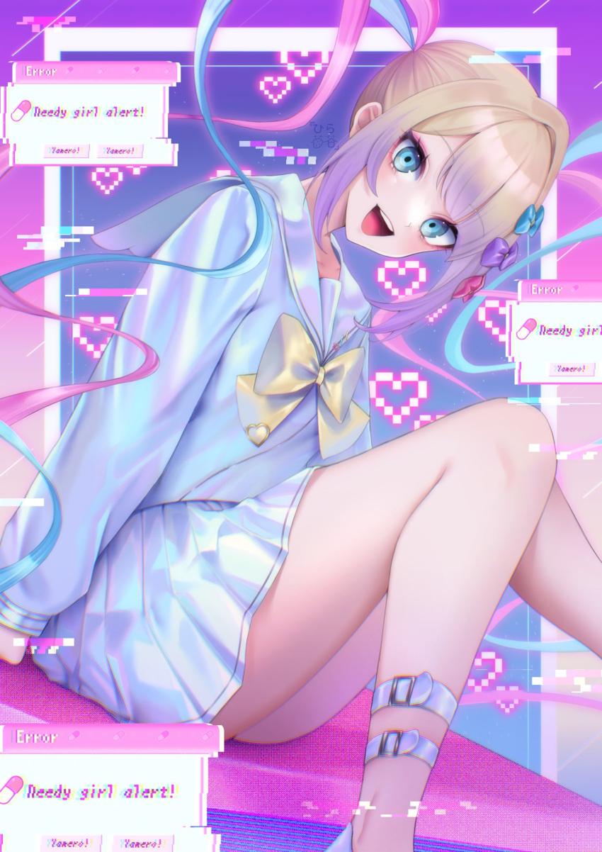 1girl :d blonde_hair blue_bow blue_eyes blue_hair blue_serafuku blue_shirt blue_skirt bow chouzetsusaikawa_tenshi-chan commentary english_commentary english_text error_message feet_out_of_frame glitch hair_bow highres hira_icigocha knees_up long_hair long_sleeves looking_at_viewer miniskirt multicolored_hair multiple_hair_bows needy_girl_overdose open_mouth pill pink_bow pink_hair pleated_skirt purple_bow quad_tails sailor_collar school_uniform serafuku shirt sitting skirt smile solo window_(computing) yellow_bow