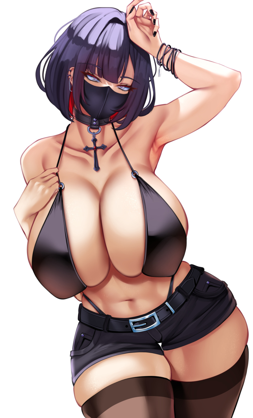 1girl absurdres arm_up armpits bikini black_collar black_mask black_nails black_shorts black_slingshot_swimsuit blue_eyes bracelet breasts brown_thighhighs collar collarbone colored_inner_hair contrapposto cowboy_shot curvy hand_on_own_chest highres huge_breasts jewelry karma3009 looking_at_viewer mask mouth_mask multicolored_hair navel o-ring o-ring_swimsuit original purple_hair red_hair short_hair short_shorts shorts simple_background skindentation slingshot_swimsuit solo swimsuit thigh_gap thighhighs thighs white_background