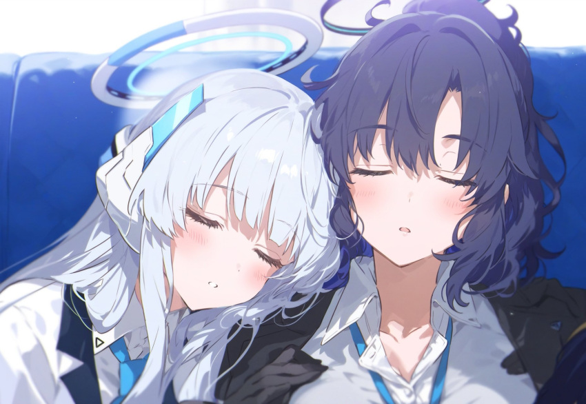 2girls ai-generated blue_archive blush closed_eyes halo highres multiple_girls noa_(blue_archive) non-web_source open_mouth purple_hair simple_background sleeping sleeping_on_person upper_body white_hair yuuka_(blue_archive)