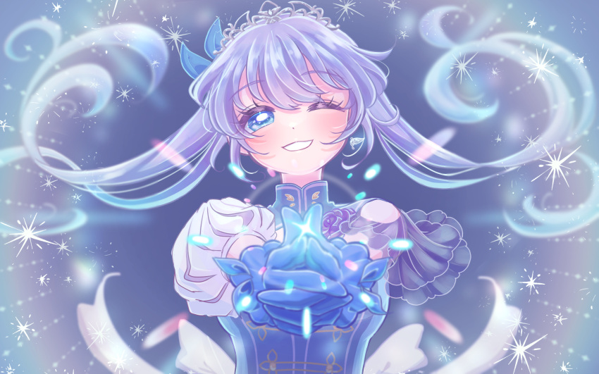 1girl asymmetrical_clothes back_bow blue_background blue_eyes blue_flower blue_gloves blue_hair blue_rose blue_theme blue_vest blush bow dot_nose earrings flower fuka_(f_uka_1021) gloves gradient_hair grin head_tilt highres jewelry light_particles long_hair looking_at_viewer multicolored_hair nijisanji one_eye_closed pointing pointing_at_viewer puffy_sleeves rose simple_background single_earring smile solo sparkle straight-on tiara twintails upper_body vest virtual_youtuber white_bow yuuki_chihiro yuuki_chihiro_(12th_costume)