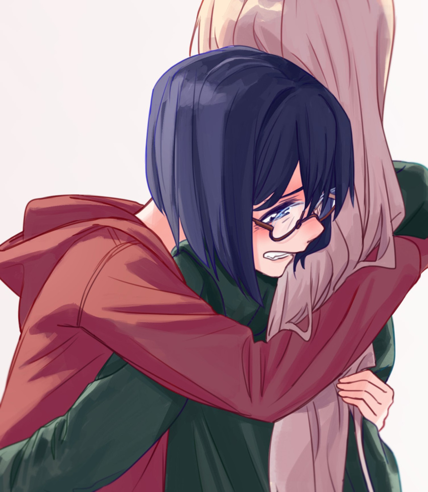 2girls blonde_hair blue_eyes blue_hair blush commentary egakuning english_commentary green_shirt grey_background highres hood hoodie hug kamikoshi_sorawo long_hair long_sleeves multiple_girls nishina_toriko parted_lips red_hoodie sad semi-rimless_eyewear shirt short_hair under-rim_eyewear upper_body urasekai_picnic