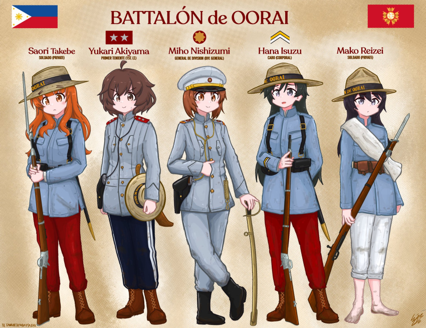 5girls ahoge akiyama_yukari alternate_costume bayonet black_footwear black_hair brown_footwear brown_hair character_name english_commentary full_body girls_und_panzer grey_eyes grey_jacket gun hat highres holster itsumi_erika jacket long_hair military_rank_insignia military_uniform multiple_girls nishizumi_maho nishizumi_miho orange_eyes orange_hair pants peaked_cap philippine_flag philippines red_pants rifle sash short_hair spanish_text sword takebe_saori tanuki_kobayashi uniform unworn_hat unworn_headwear weapon white_sash