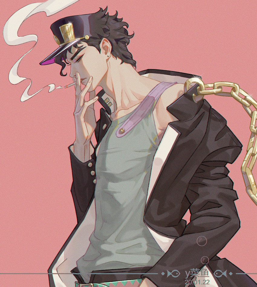 1boy 2020 belt black_hair black_pants blue_eyes chain cigarette coat collarbone dated half-closed_eyes hat highres jojo_no_kimyou_na_bouken kujo_jotaro long_coat long_sleeves male_focus multiple_belts muscular muscular_male open_clothes open_coat pants school_uniform short_hair smoke smoking solo stardust_crusaders y06407694