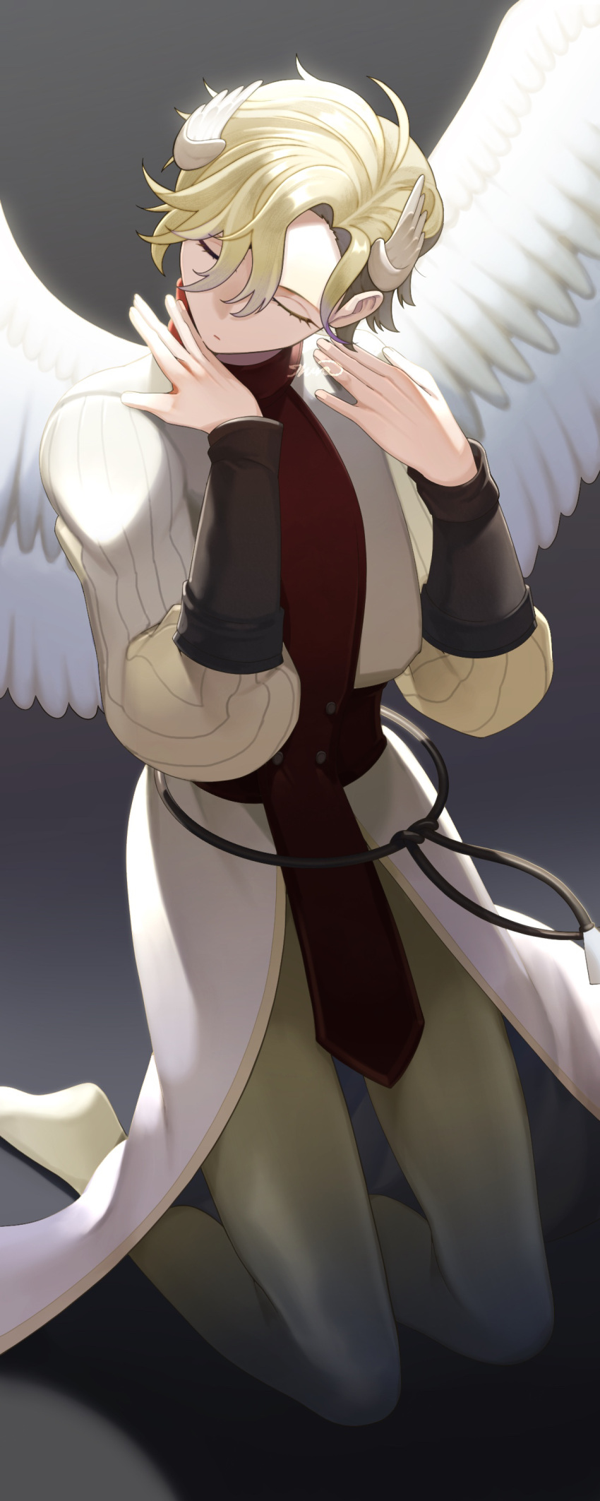 1boy absurdres ahoge androgynous angel angel_wings barefoot blonde_hair closed_eyes commentary_request eyelashes full_body hair_between_eyes highres ikura_(downdexp) kneeling male_focus puffy_sleeves sanatio_(unicorn_overlord) short_hair solo unicorn_overlord wings