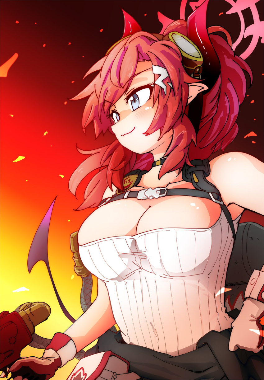 blue_archive blue_eyes breasts chest_harness cleavage closed_mouth collarbone covered_navel demon_horns embers flamethrower floating_hair goggles goggles_on_head hair_ornament hairclip halo hand_on_own_hip hariyaa harness highres holding holding_weapon horns megu_(blue_archive) pointy_ears pouch red_hair red_halo shirt sleeveless sleeveless_shirt smile striped_clothes striped_shirt tight_clothes tight_shirt two-tone_gloves vertical-striped_clothes vertical-striped_shirt weapon white_shirt