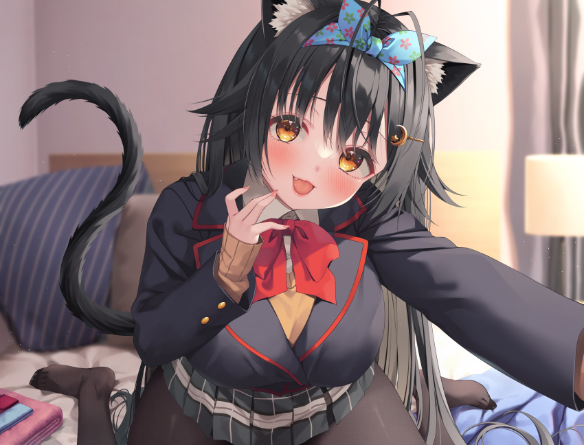 1girl absurdres animal_ear_fluff animal_ears asa_no_ha_(awayuki) bed bed_sheet black_hair black_jacket black_pantyhose black_skirt blush bow breasts brown_cardigan brown_eyes cardigan cat_ears cat_girl cat_tail cleavage collarbone collared_shirt crescent crescent_hair_ornament curtains fang hair_between_eyes hair_bow hair_ornament highres indoors jacket lamp long_hair long_sleeves looking_at_viewer non-web_source on_bed open_mouth original pantyhose pillow pleated_skirt school_uniform selfie shirt sitting skirt smile solo tail very_long_hair war wariza whisp white_shirt