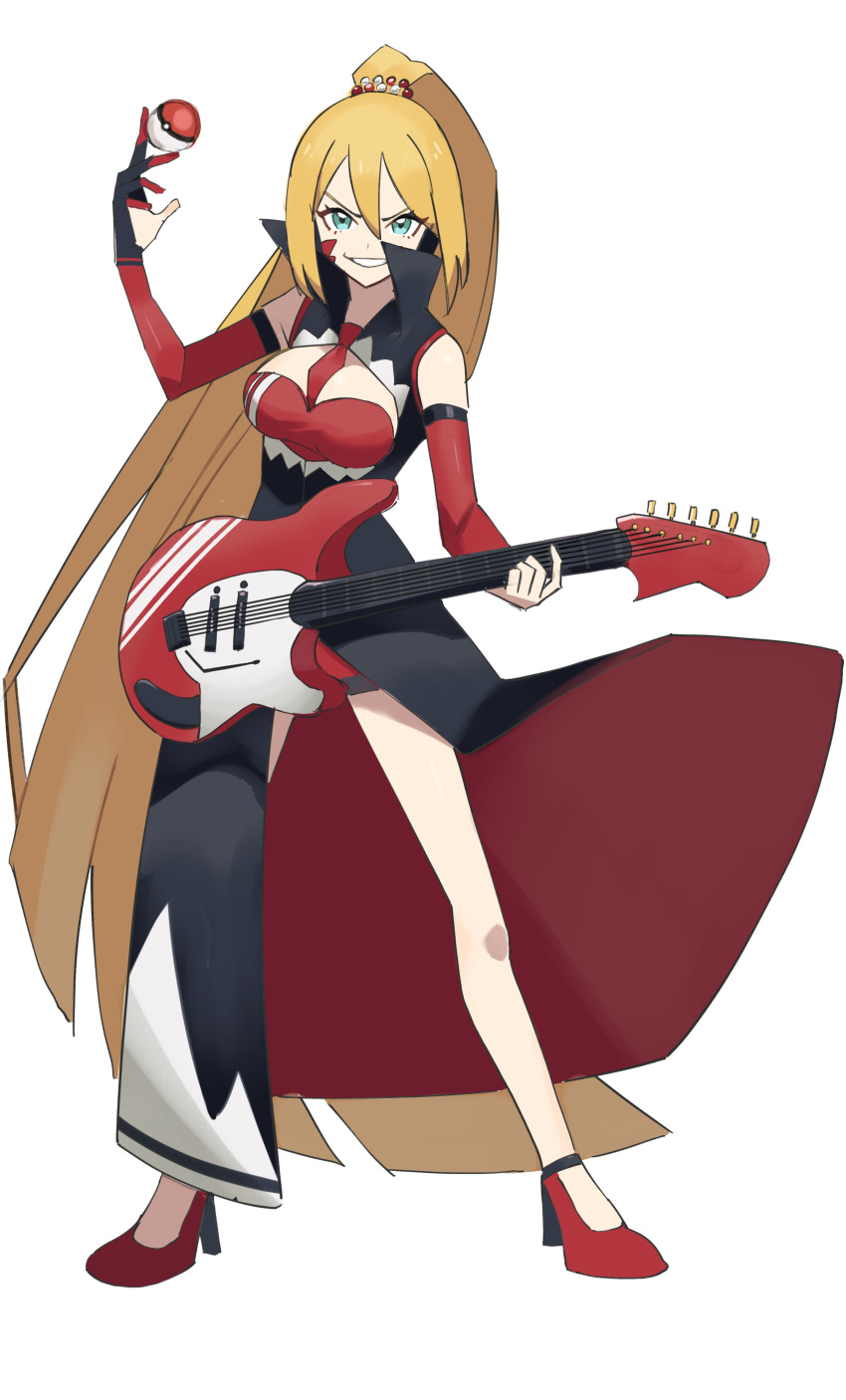 absurdres adapted_costume alternate_hair_length alternate_hairstyle bandeau beads between_fingers black_coat blue_eyes breast_cutout breasts coat detached_sleeves facial_mark gloves grin guitar hair_beads hair_ornament hand_up high_collar high_heels high_ponytail highres hiragi_sage holding holding_guitar holding_instrument holding_poke_ball instrument large_breasts legs_apart long_hair long_sleeves looking_at_viewer necktie partially_fingerless_gloves poke_ball pokemon pokemon_swsh red_bandeau red_footwear red_necktie red_sleeves simple_background single_glove smile standing tsurumaki_maki v-shaped_eyebrows very_long_hair voiceroid white_background