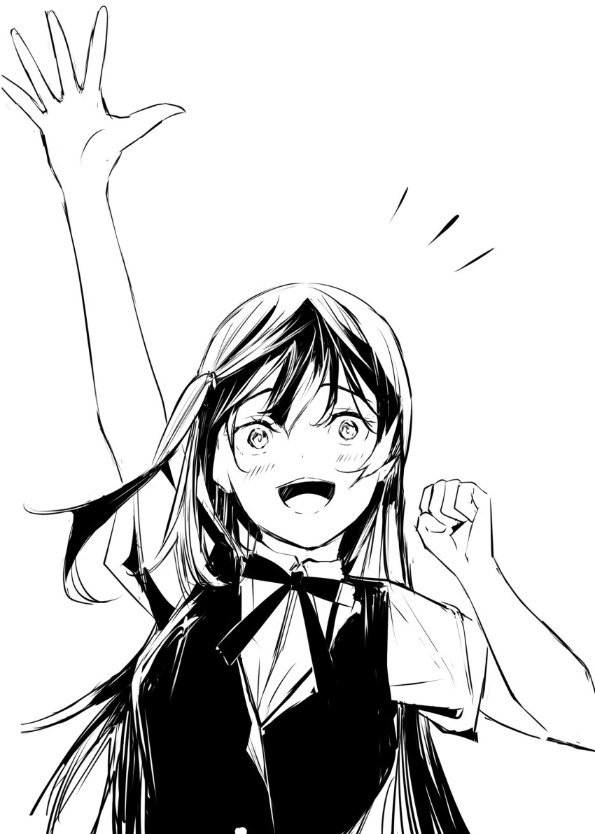 1girl arm_up blush clenched_hand collared_shirt commentary_request greyscale hand_up highres long_hair looking_at_viewer love_live! love_live!_nijigasaki_high_school_idol_club monochrome neck_ribbon nijigasaki_academy_school_uniform one_side_up open_mouth ribbon school_uniform shirt short_sleeves solo summer_uniform tommer upper_body vest white_background yuki_setsuna_(love_live!)