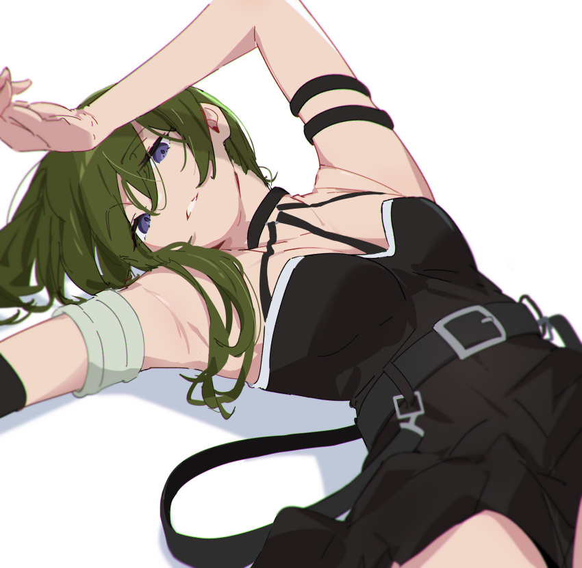 1girl absurdres arm_strap armpits atenaba belt black_dress breasts chromatic_aberration cleavage dress green_hair highres long_hair lying on_back parted_lips purple_eyes shadow simple_background sleeveless sleeveless_dress small_breasts smile solo sousou_no_frieren ubel_(sousou_no_frieren) upper_body white_background