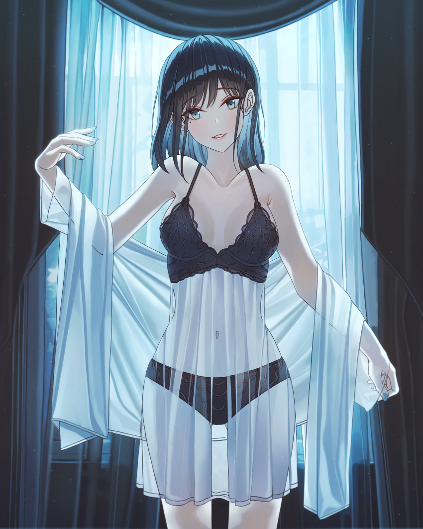 1girl absurdres black_bra black_panties bra breasts highres lace-trimmed_bra lace_trim lingerie looking_to_the_side medium_breasts navel negligee original panties solo underwear youngsok