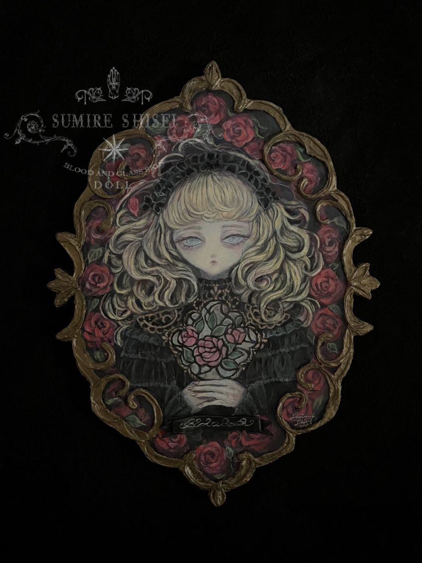 1girl acrylic_paint_(medium) black_dress black_hair blonde_hair commentary dress expressionless flower hairband highres lolita_hairband long_hair looking_at_viewer original own_hands_together painting_(medium) pale_skin photo_(medium) picture_frame red_flower red_rose rose solo sumire_shisei traditional_media wavy_hair white_eyes