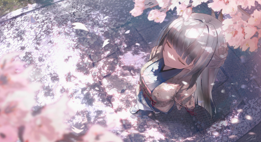 1girl black_hair blunt_bangs cherry_blossoms closed_eyes closed_mouth dappled_sunlight floral_print_kimono flower_knot footwear_flower from_above full_body hair_intakes highres japanese_clothes kimono long_hair original petals sandals smile solo standing sunlight tabi tassel wide_sleeves yukai_nao zouri
