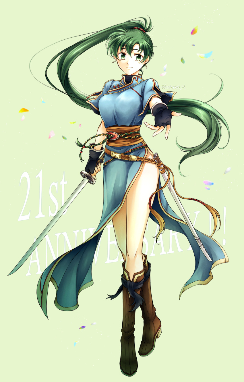 absurdres anniversary black_gloves blue_dress boots breasts brown_footwear dress fingerless_gloves fire_emblem fire_emblem:_the_blazing_blade full_body gloves green_background green_eyes green_hair high_ponytail highres holding holding_sword holding_weapon katana long_hair looking_at_viewer lyn_(fire_emblem) pelvic_curtain reaching reaching_towards_viewer rope_belt shirokuroma_29 smile sword very_long_hair weapon