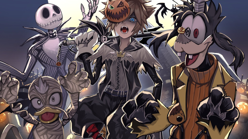 4boys black_jacket black_shorts blue_eyes brown_hair claw_pose claws donald_duck full_moon gloves goofy hair_over_one_eye highres jack_skellington jacket keiseki1 keyblade kingdom_hearts male_focus mask_over_one_eye moon multiple_boys mummy_costume official_alternate_costume open_mouth orange_sweater over_shoulder pinstripe_pattern pinstripe_suit pumpkin_mask sharp_teeth short_hair shorts skeleton spiked_hair suit sweater teeth the_nightmare_before_christmas torn_clothes turtleneck turtleneck_sweater weapon weapon_over_shoulder white_gloves