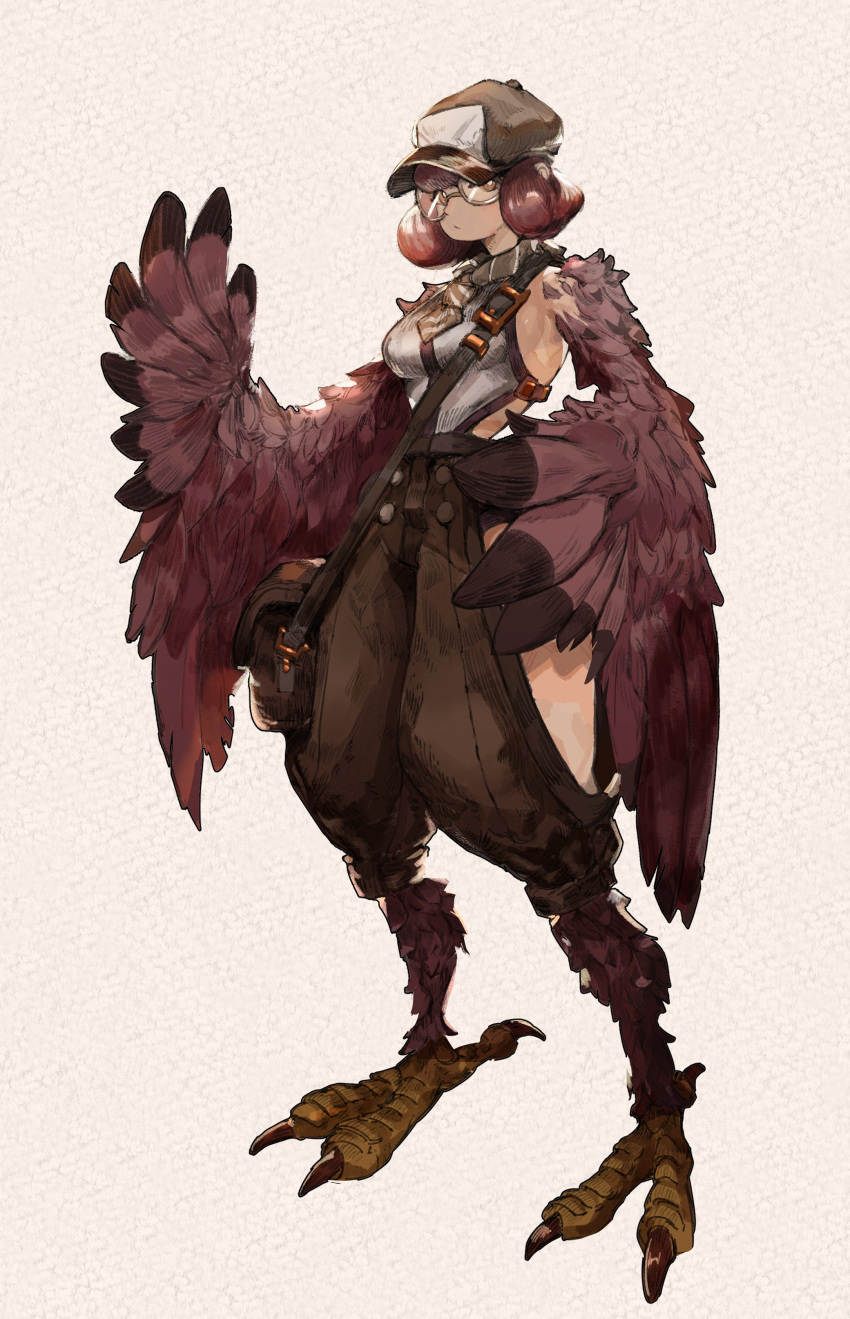 1girl absurdres bag bird_legs breasts bright_pupils brown_eyes brown_feathers brown_hair brown_hat brown_necktie brown_pants brown_wings clothing_cutout commentary english_commentary feathered_wings feathers glasses harpy hat highres looking_at_viewer messenger_bag monster_girl nanopanda_art necktie original pants round_eyewear short_hair short_necktie shoulder_bag small_breasts talons thigh_cutout white_background white_pupils winged_arms wings
