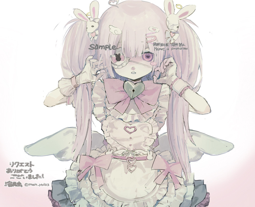 1girl apron bow bowtie commission dress eyepatch hair_ornament hairclip hands_up heart highres long_hair looking_at_viewer low_wings original pink_eyes pink_hair rabbit_hair_ornament simple_background solo twintails upper_body white_background wing_hair_ornament wings youyuu_(melt_yo103)