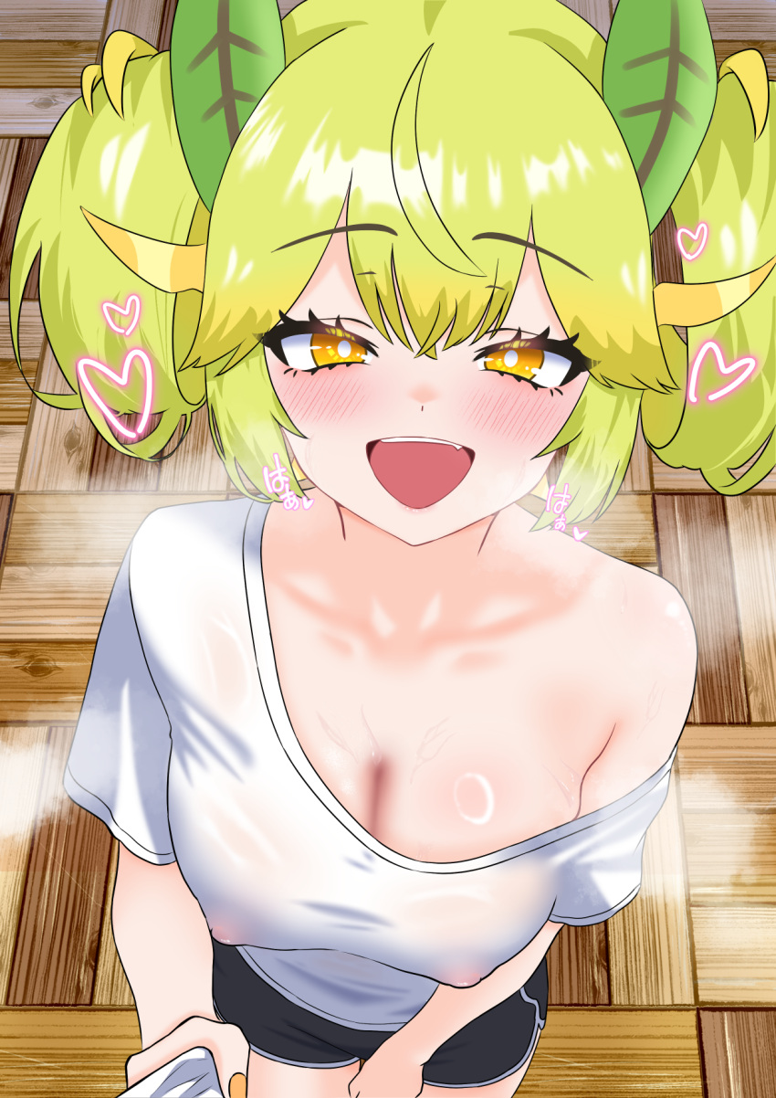 1girl black_shorts blush breasts cleavage collarbone commentary_request covered_nipples cowboy_shot dragon_girl dragon_horns duel_monster from_above green_hair heart highres horns large_breasts long_hair looking_at_viewer oldsickkim open_mouth paid_reward_available parlor_dragonmaid shirt shorts single_off_shoulder smile twintails white_shirt wooden_floor yellow_eyes yu-gi-oh!