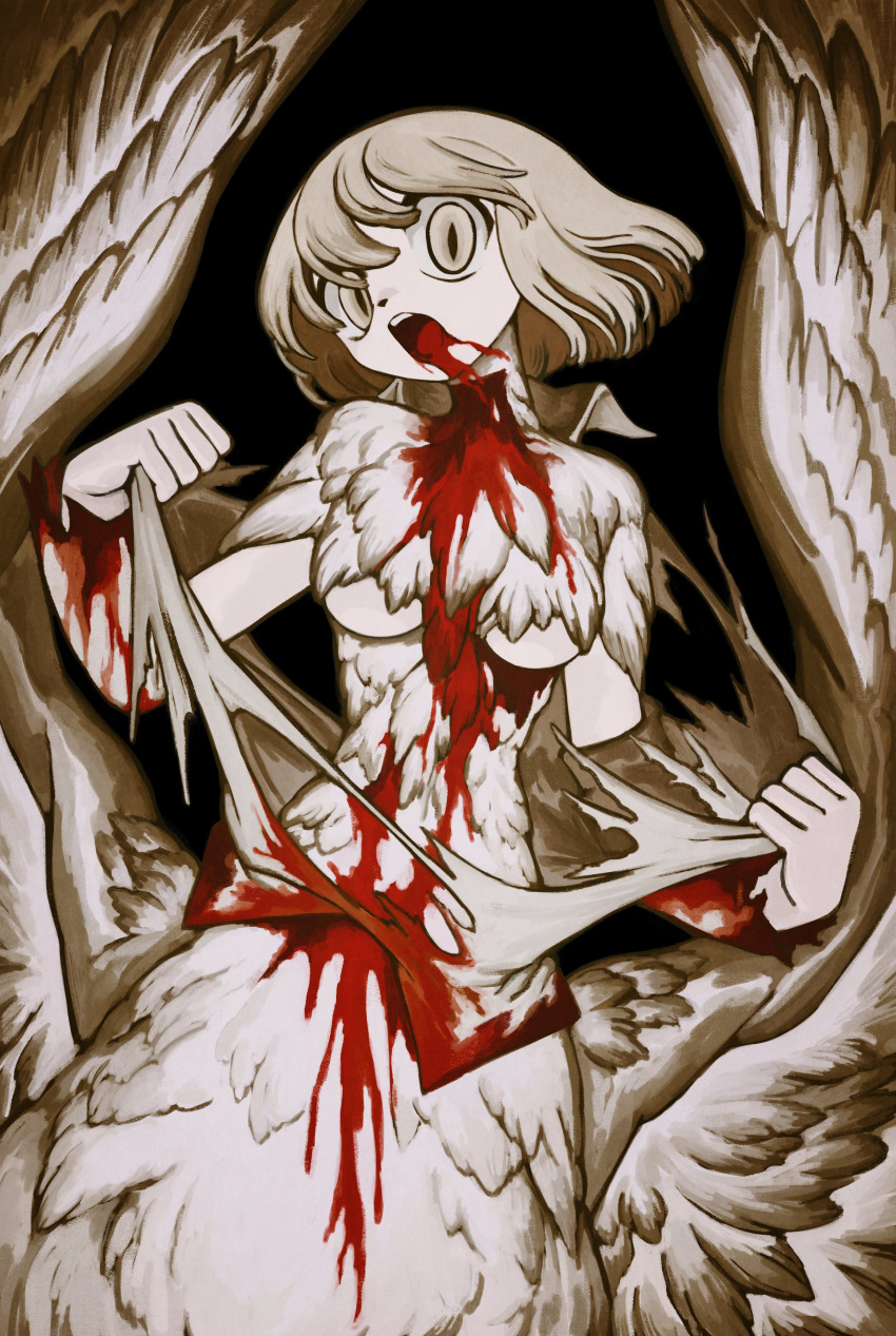 1girl absurdres black_background blood blood_from_mouth blood_on_body blood_on_clothes blunt_bangs breasts chimera commentary dragon_girl dungeon_meshi falin_touden falin_touden_(chimera) feathered_wings feathers highres light_brown_hair looking_at_viewer medium_breasts medium_hair mime_404 open_mouth shirt slit_pupils slit_throat solo spoilers taur tearing_clothes torn_clothes upper_body white_shirt wings