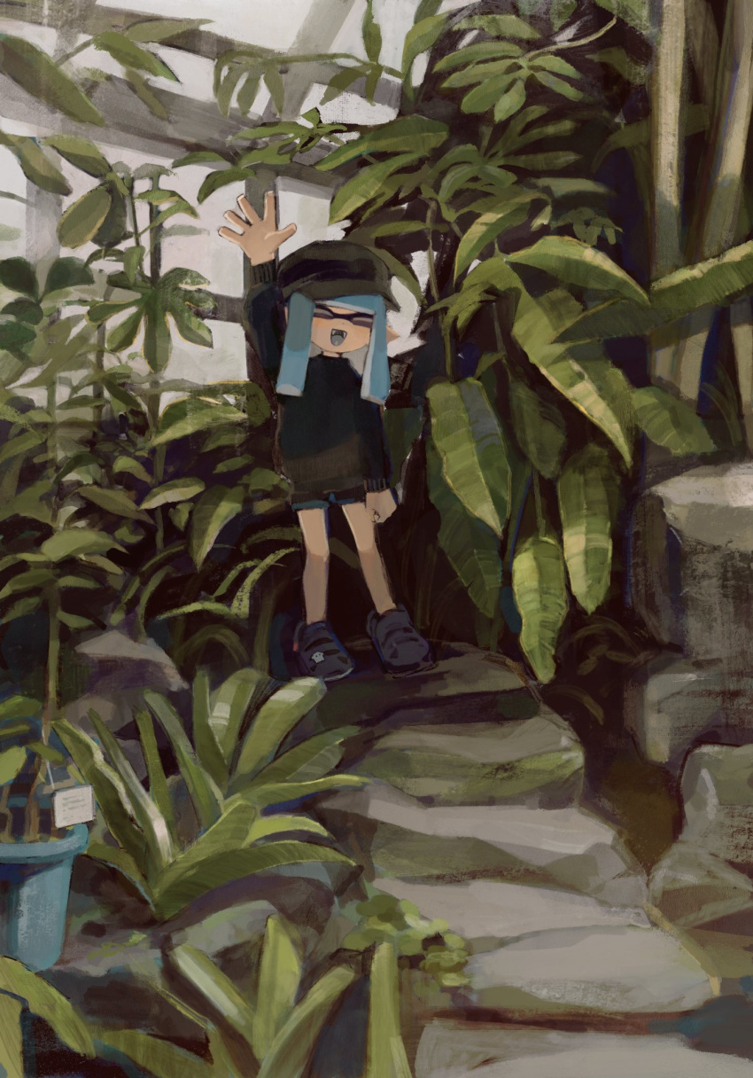 1girl ^_^ blue_hair closed_eyes commentary full_body greenhouse highres inkling inkling_girl inkling_player_character kaxk_x long_hair open_mouth plant pointy_ears smile solo splatoon_(series) standing symbol-only_commentary tentacle_hair waving